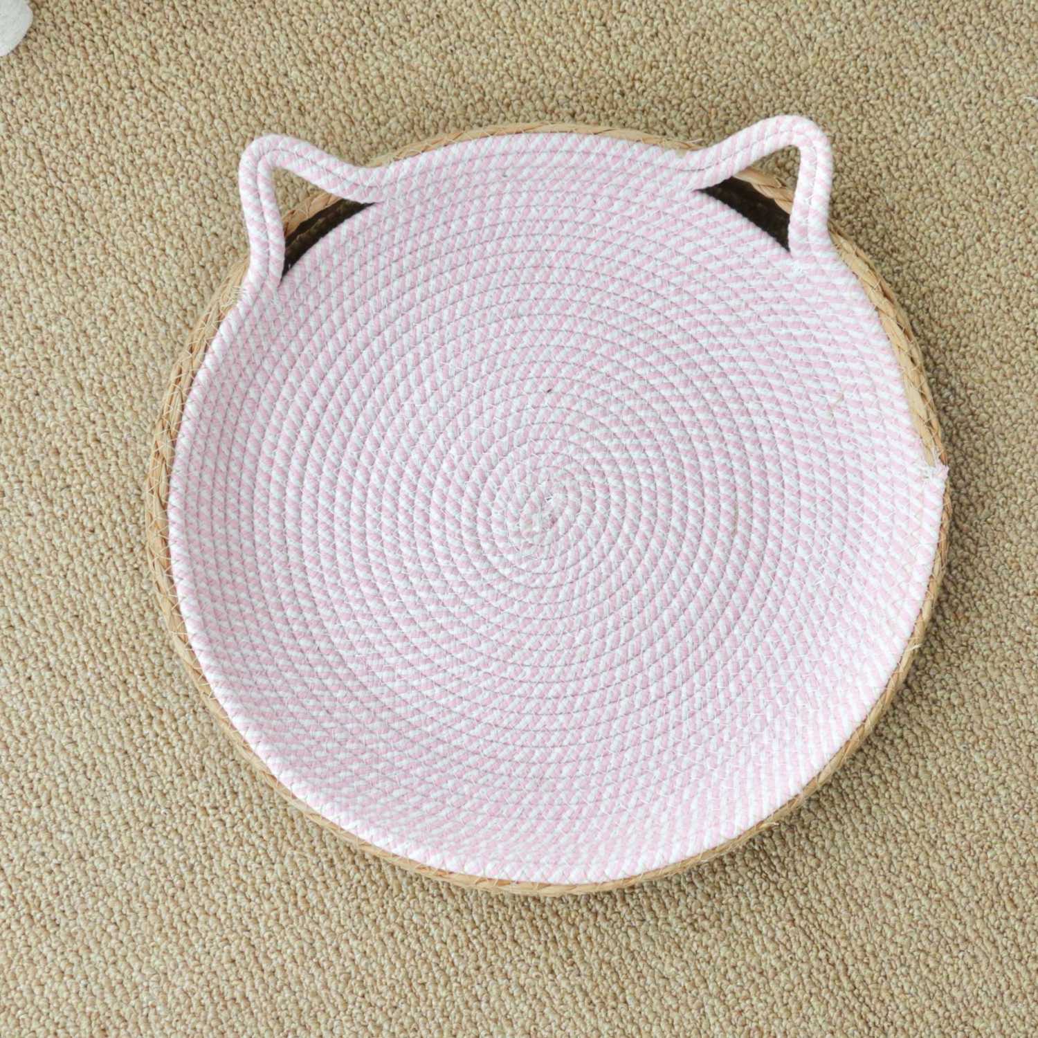 kattenbed groot rattan ronde mand met katvorm oren roze